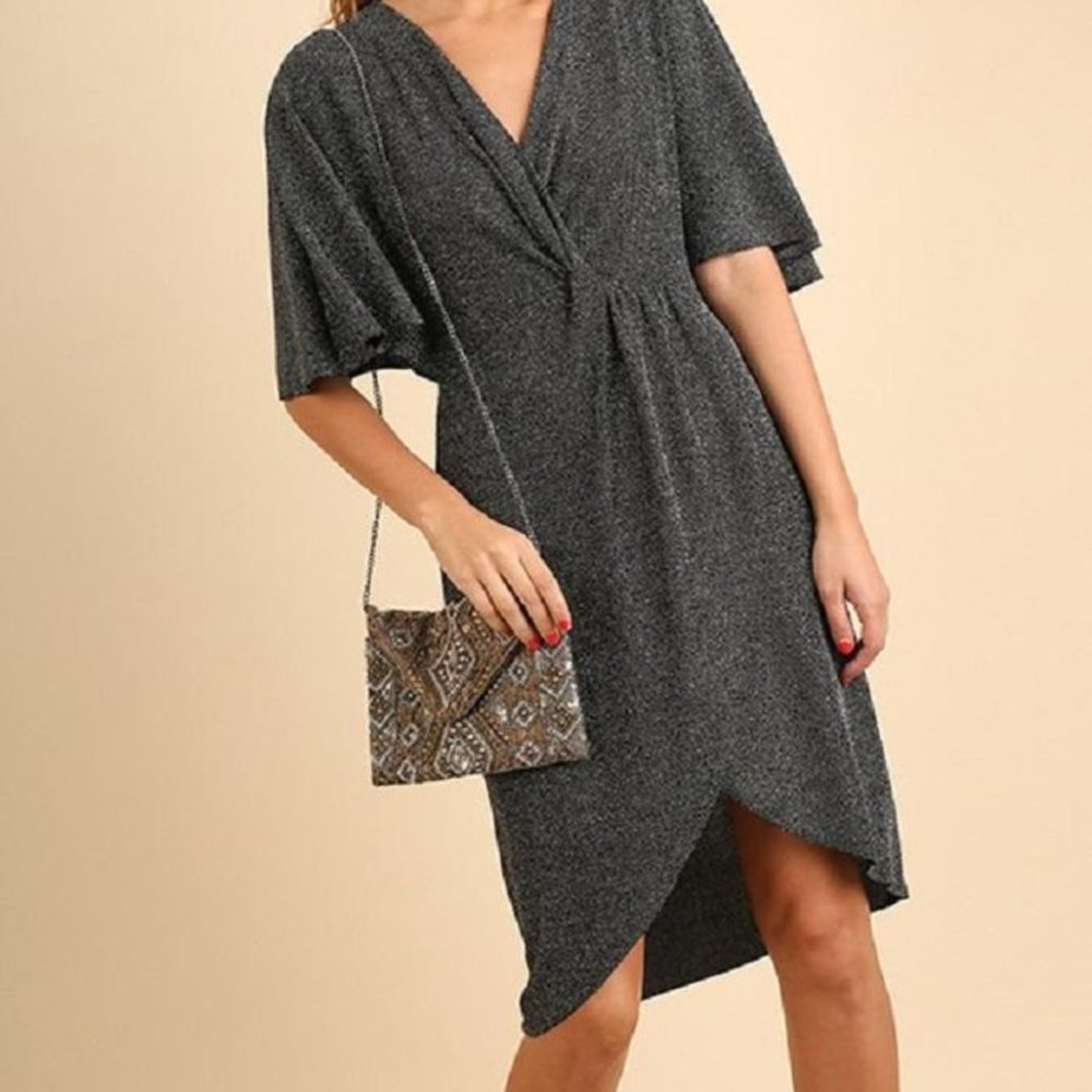 Umgee Shimmer Silver Tinsel‎ Knot Faux Wrap Midi Party Dress SZ 1XL
